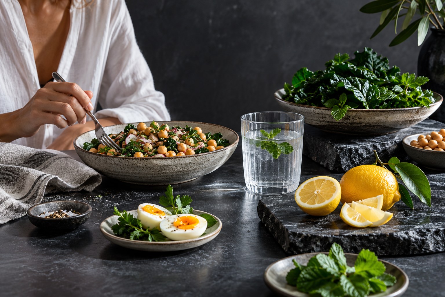 Escena editorial generada de legumbres, huevos, verduras y agua